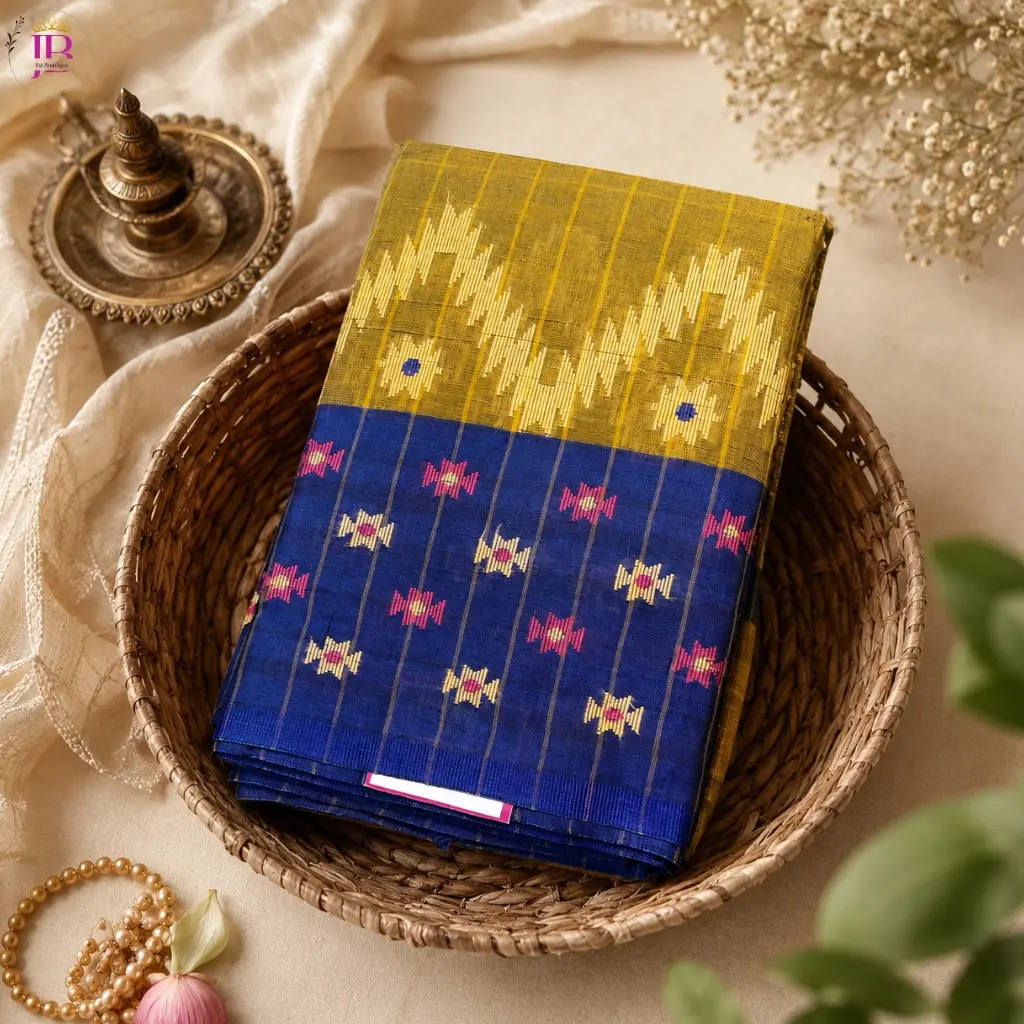 Bengal Cotton Saree Mustard Navy Blue Traditional Ikat Design