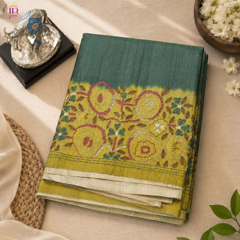 Koria Silk Premium Saree Green Floral Designer Traditional Saree
