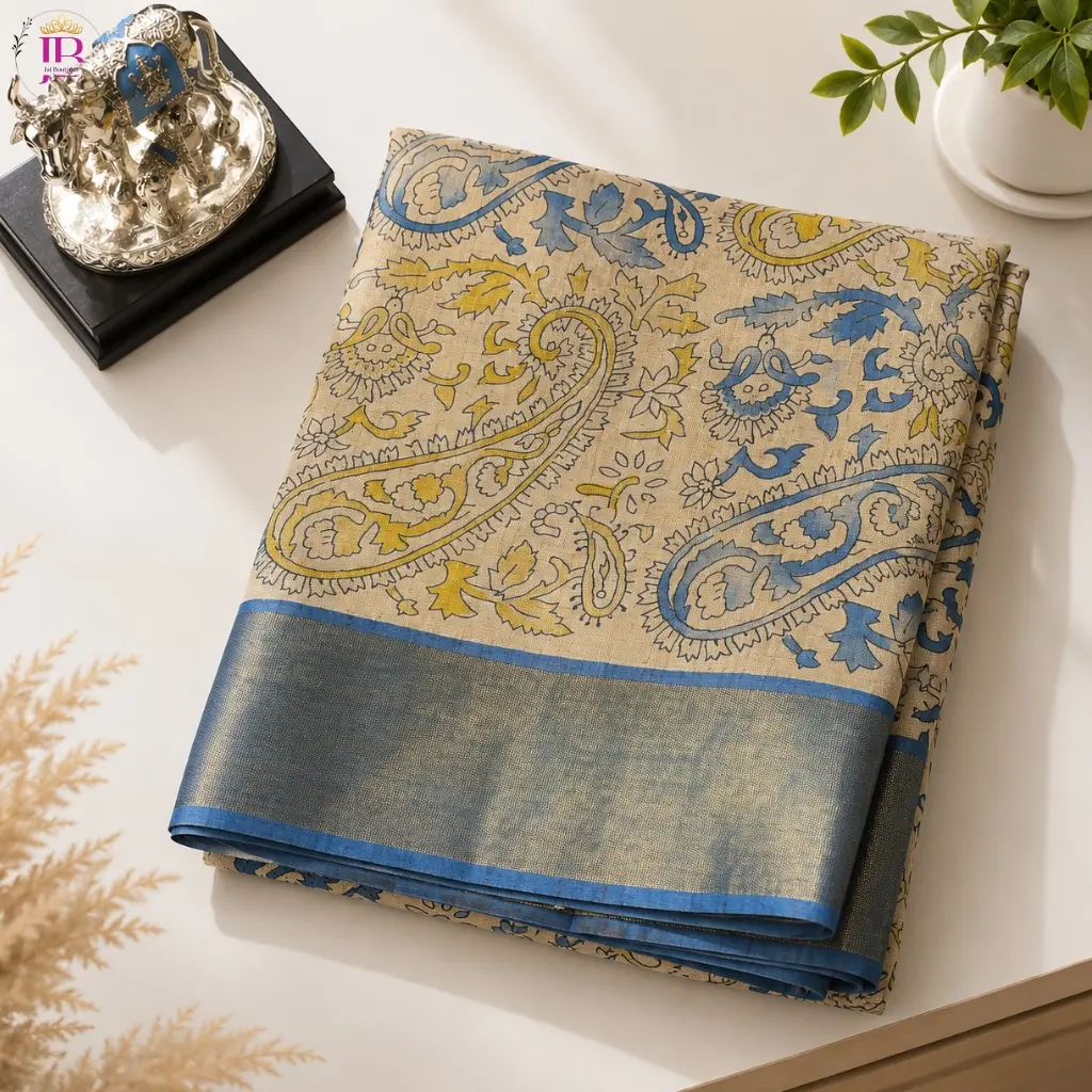 Koriyasilk Saree Cream Blue Mustard Printed Designer Saree