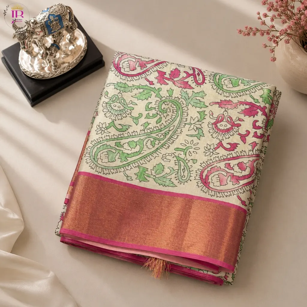 Koriyasilk Saree Cream Green Pink Printed Designer Saree