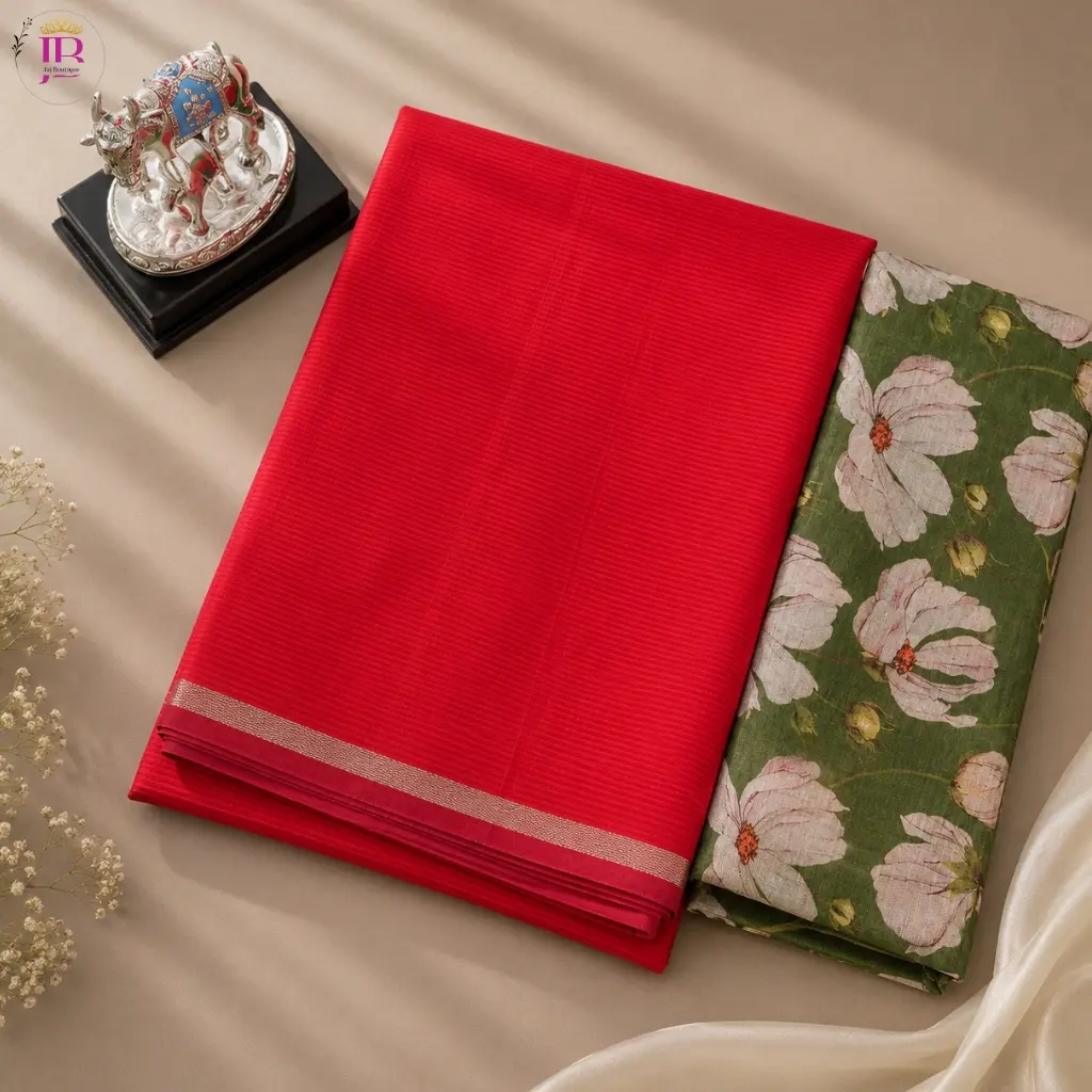 Mangalagiri Silk Saree Red with Floral Printed Contrast Blouse