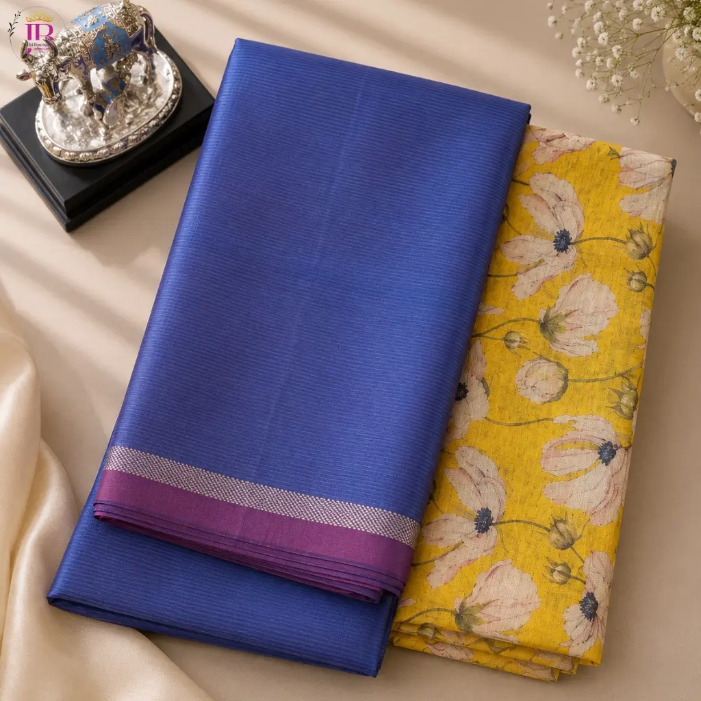 Mangalagiri Silk Saree Blue with Floral Printed Contrast Blouse