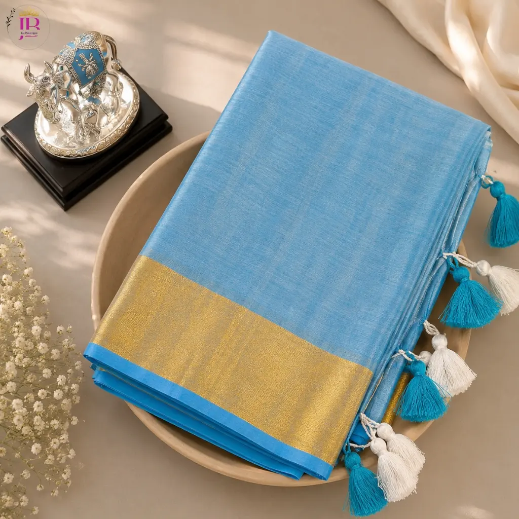 Mull Soft Saree Sky Blue with Gold Border Tassel Saree
