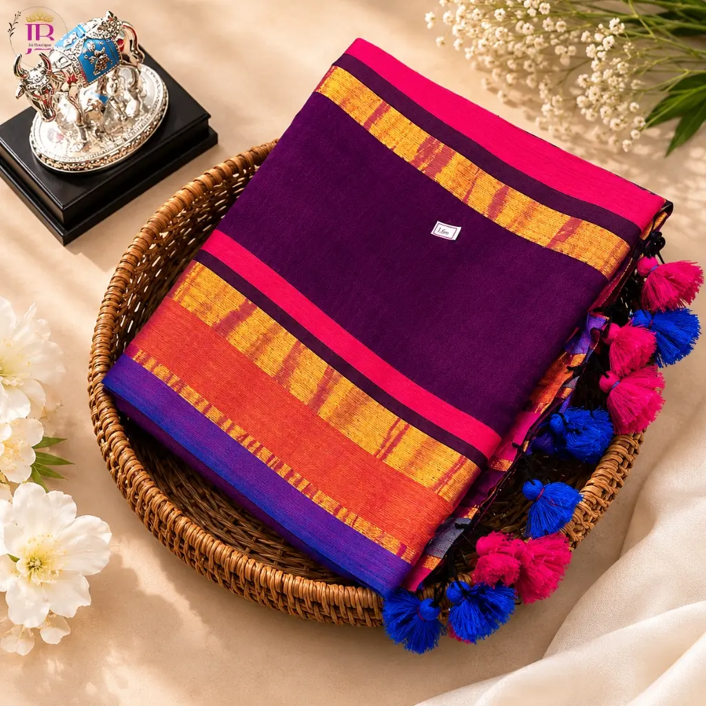Mull Soft Saree Purple Pink Designer Border Tassel Saree