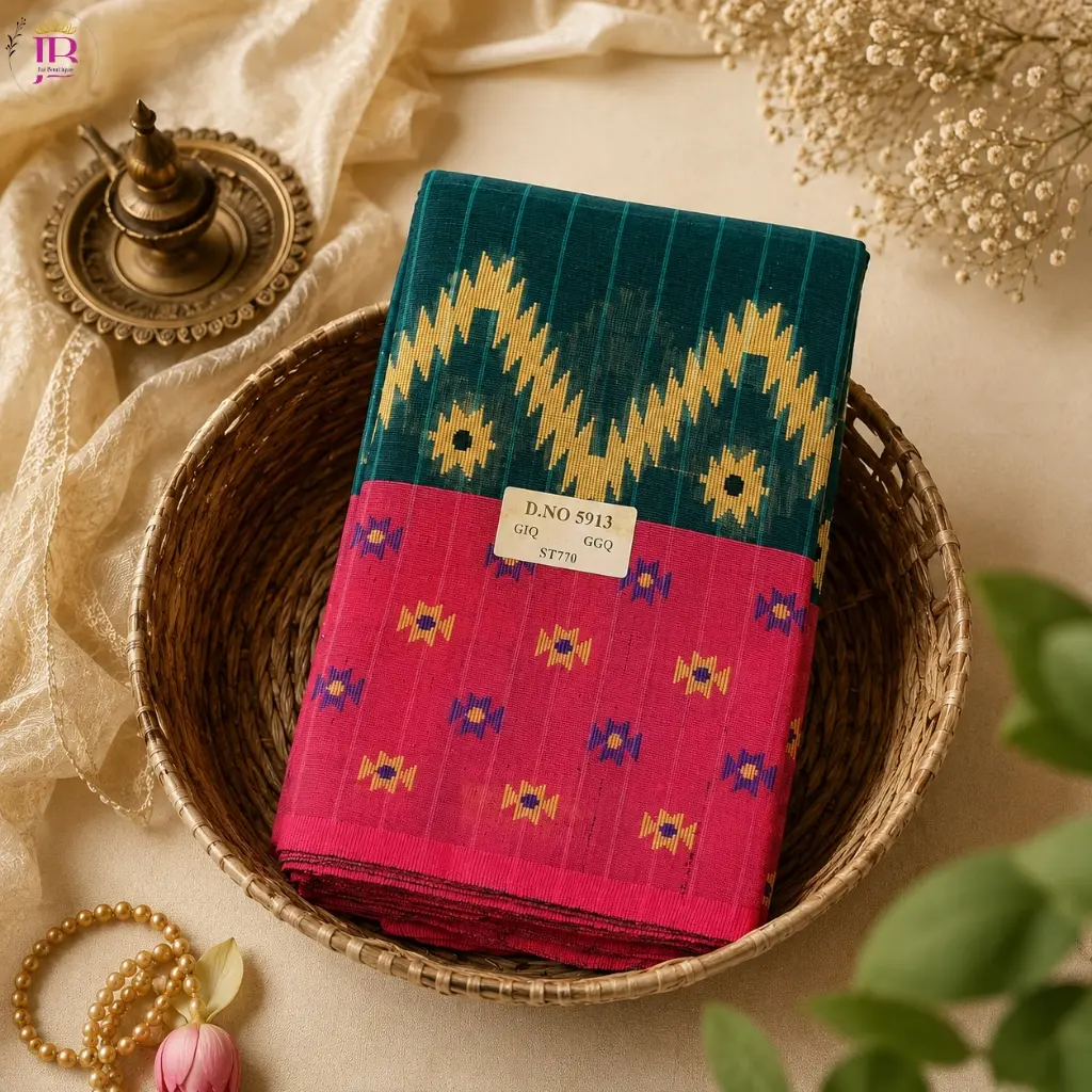 Bengal Cotton Saree Teal Green Pink Traditional Woven Saree