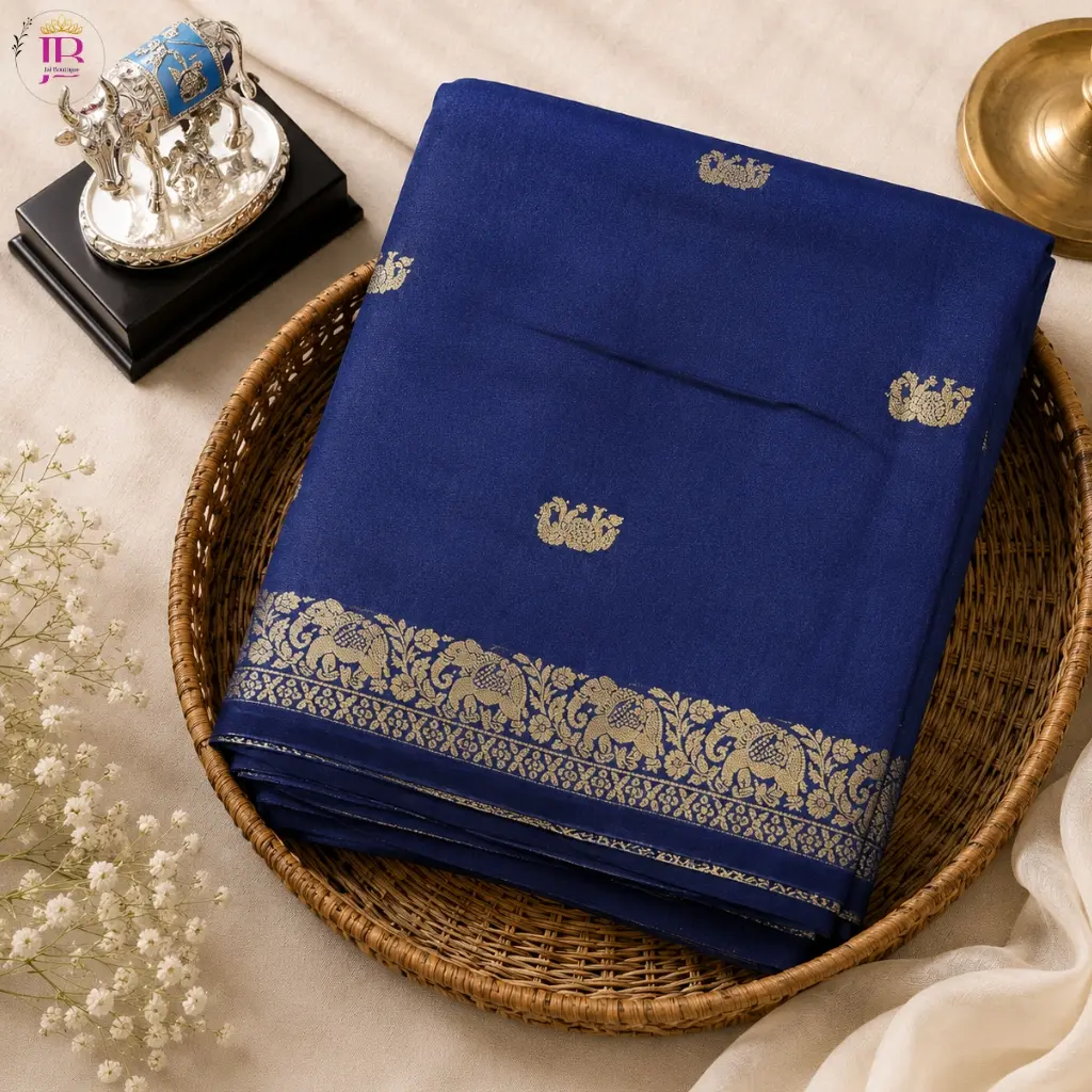 Mushroom Silk Saree Navy Blue with Gold Elephant Border