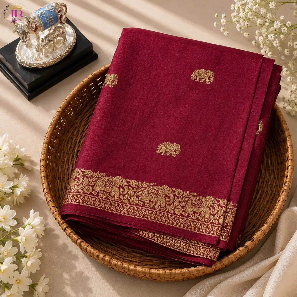 Mushroom Silk Saree Maroon with Gold Elephant Designer Border
