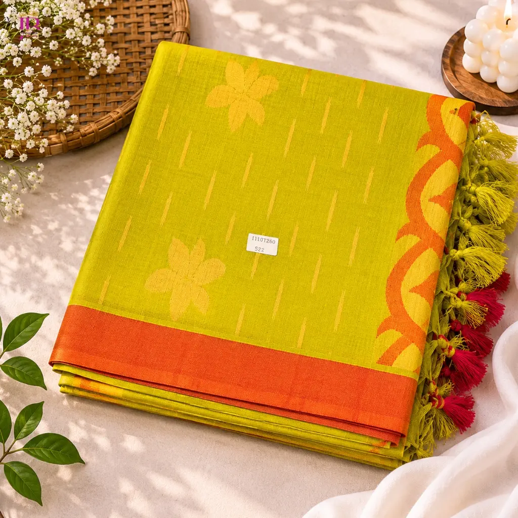 Negamam Cotton Saree Lime Green with Contrast Border Tassel Saree