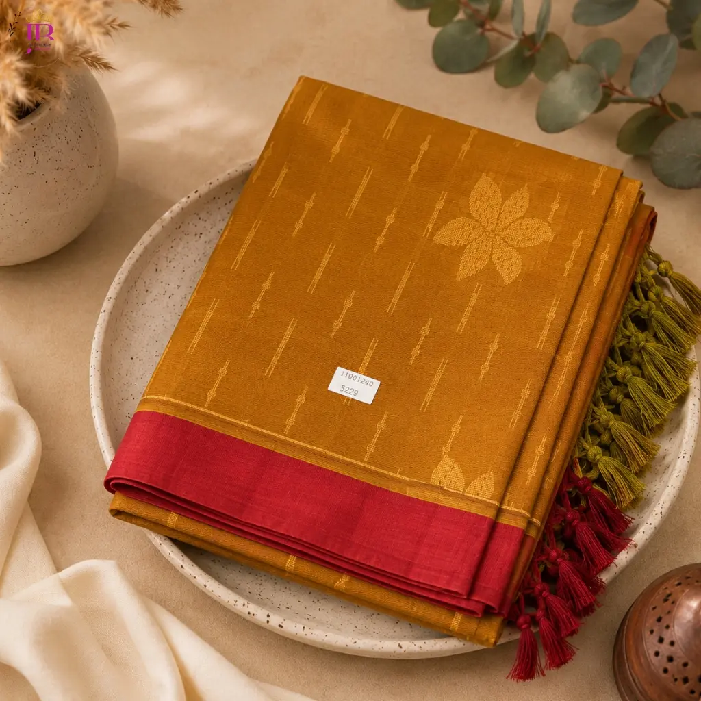 Negamam Cotton Saree Mustard Gold with Pink Contrast Border