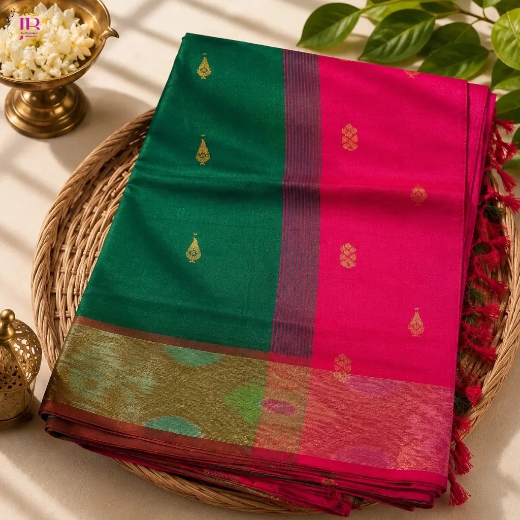 Silk Cotton Saree Green Pink Traditional Contrast Border Saree