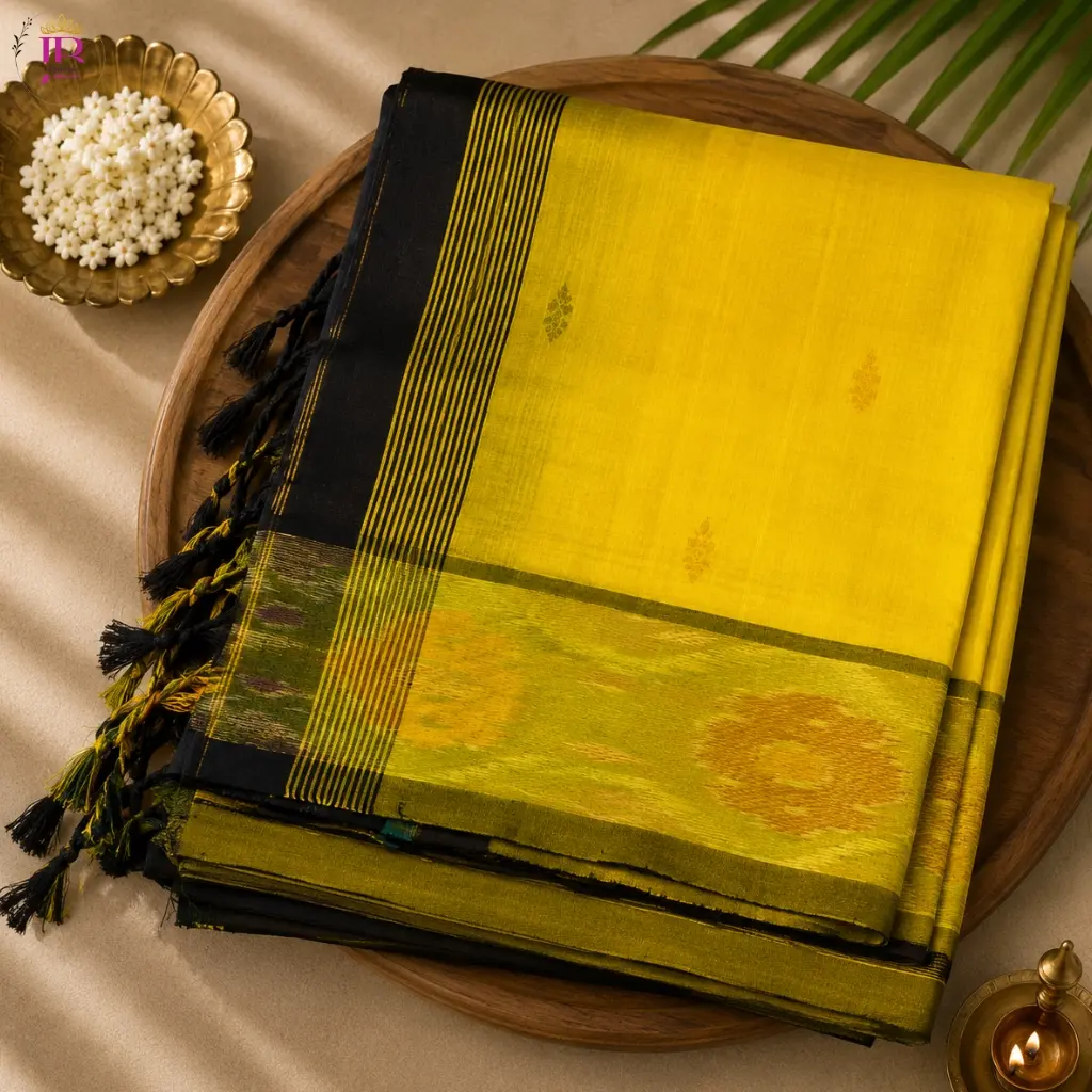 Silk Cotton Saree Yellow Black Traditional Contrast Border Saree