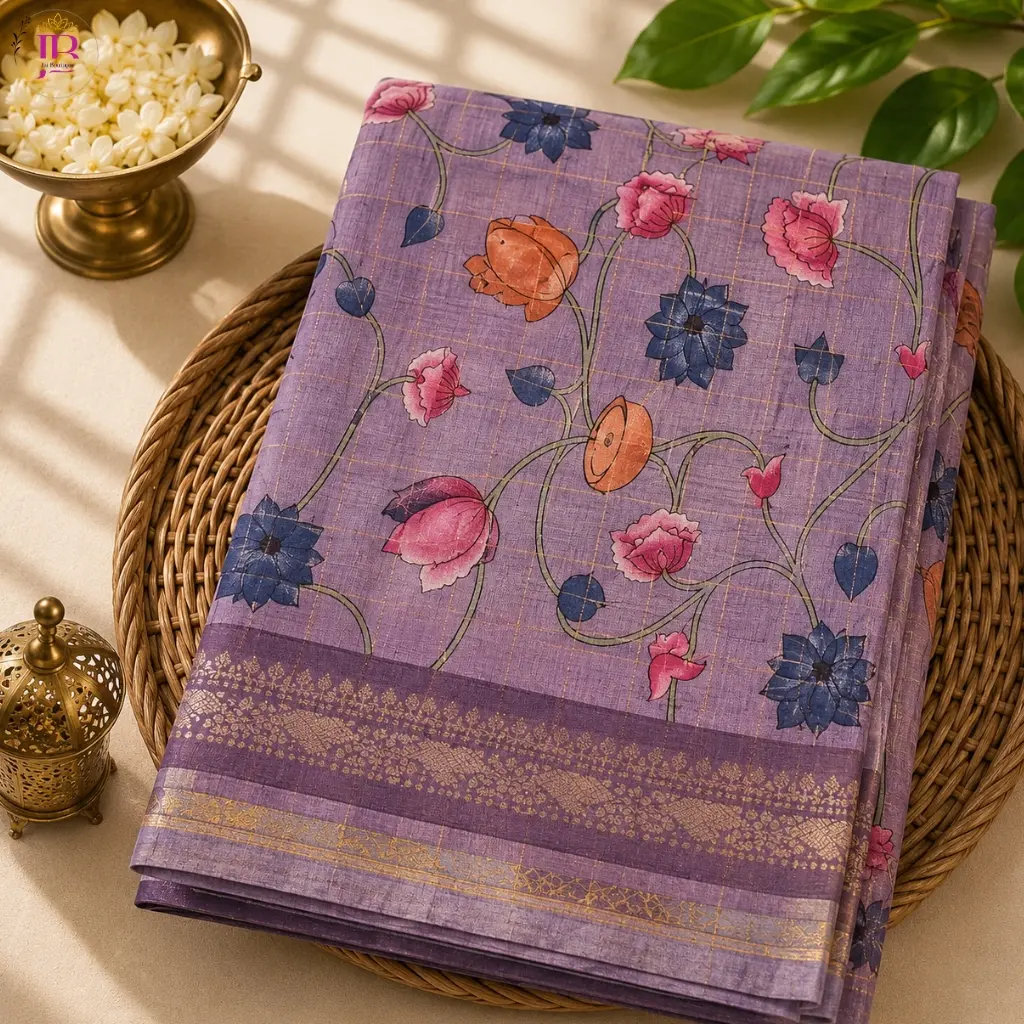 Tusser Monga Semi Saree Blue Floral Printed Designer Saree