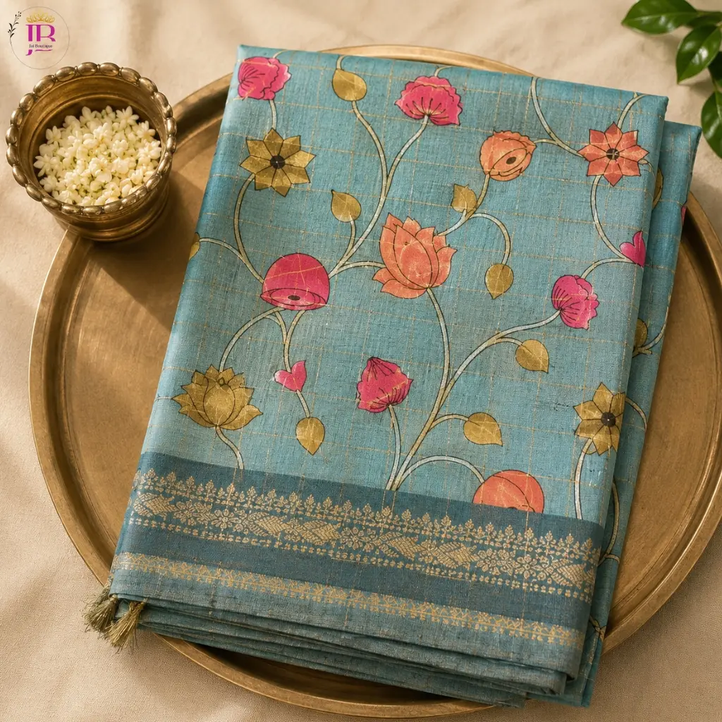 Tusser Monga Semi Saree Lavender Floral Printed Designer Saree