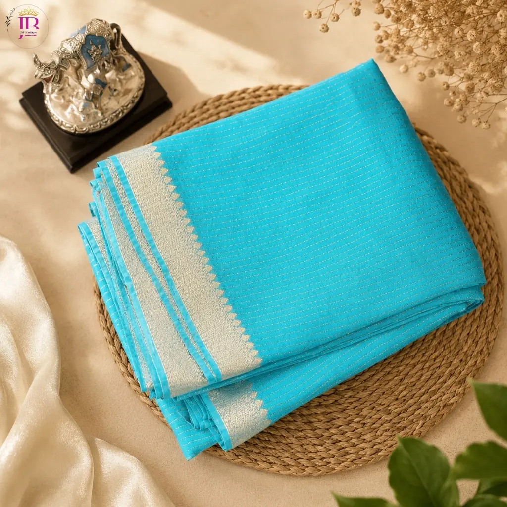 Sky Blue Georgette Semi Saree with Gold Designer Border